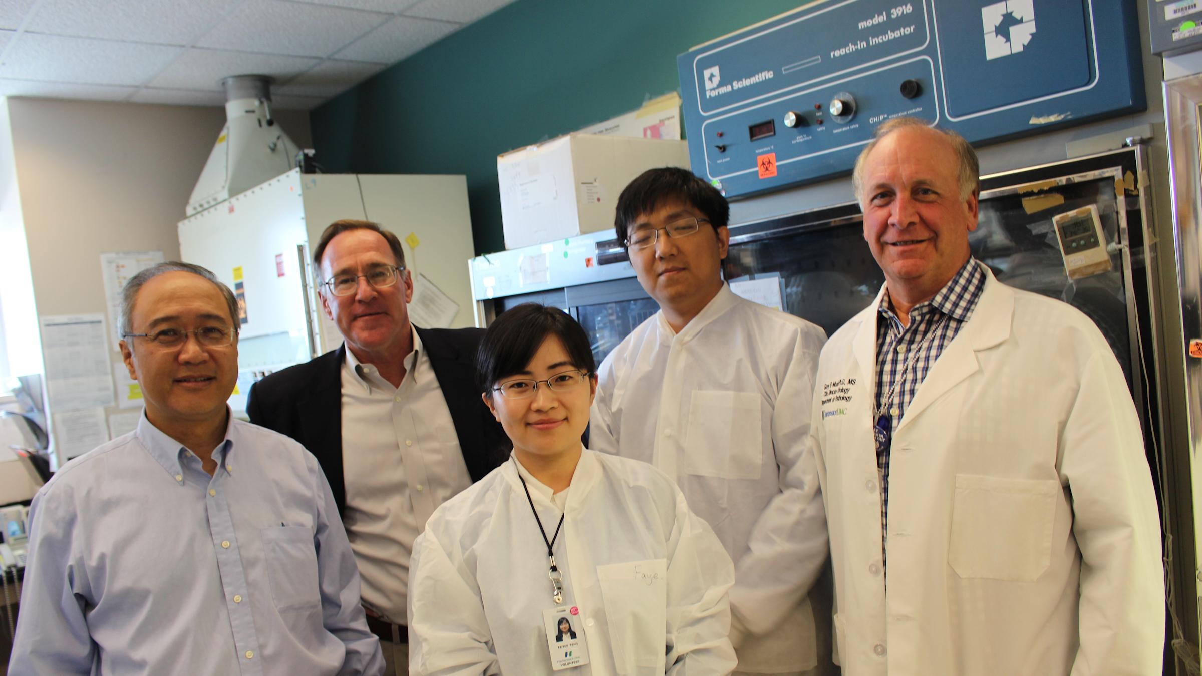 Hackensack University Medical Center Dr. Tao Hong; Stevens professor Matt Libera; Stevens Ph.D. candidates Feiyue Teng and Youlong Ma; Hackensack University Medical Center Dr. Gary Munk
