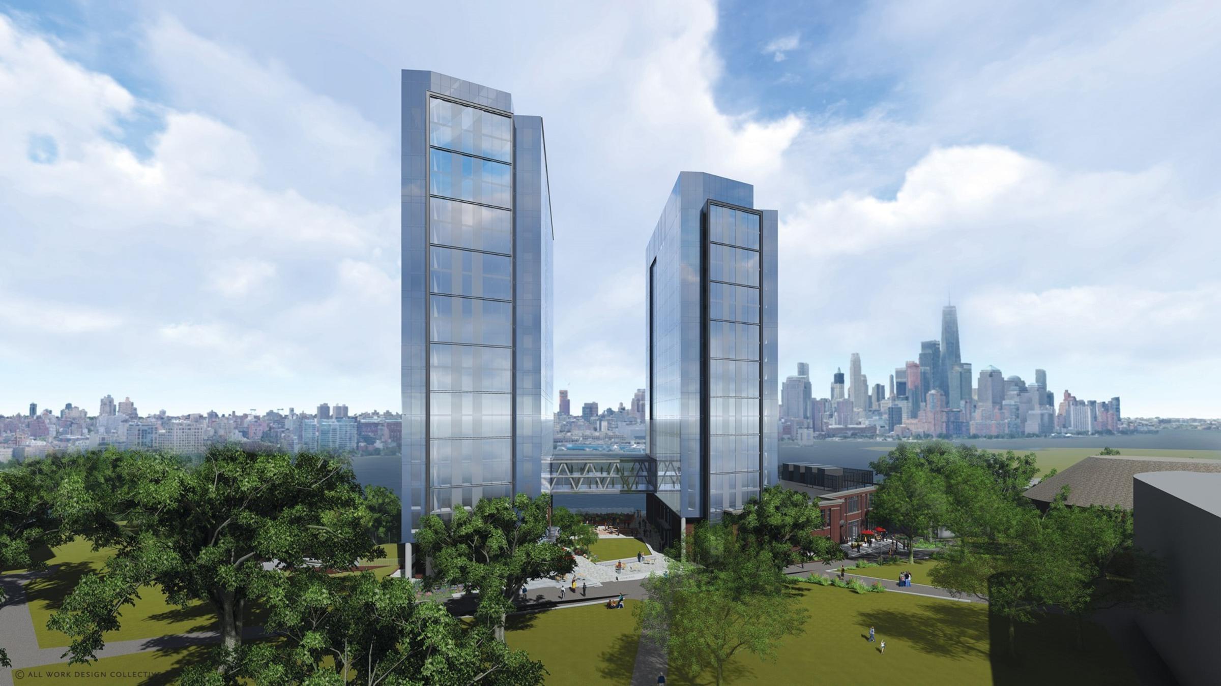 A rendering of an aerial view of the Student Housing and University Center with Manhattan skyline in the background