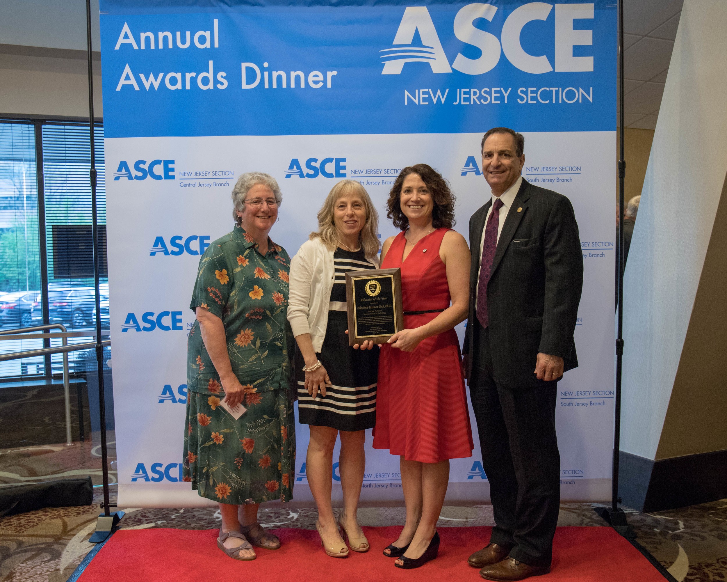 Fassman-Beck honored at the 2018 ASCE New Jersey awards dinner. Stevens attendees from left to right: Robbie Cohen, Leslie Brunell, Elizabeth Fassman-Beck, and Bob Maffia