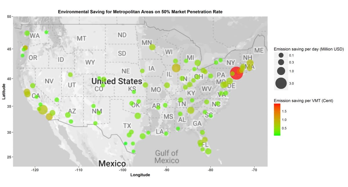 Graphic of United States, with data for individual city emissions