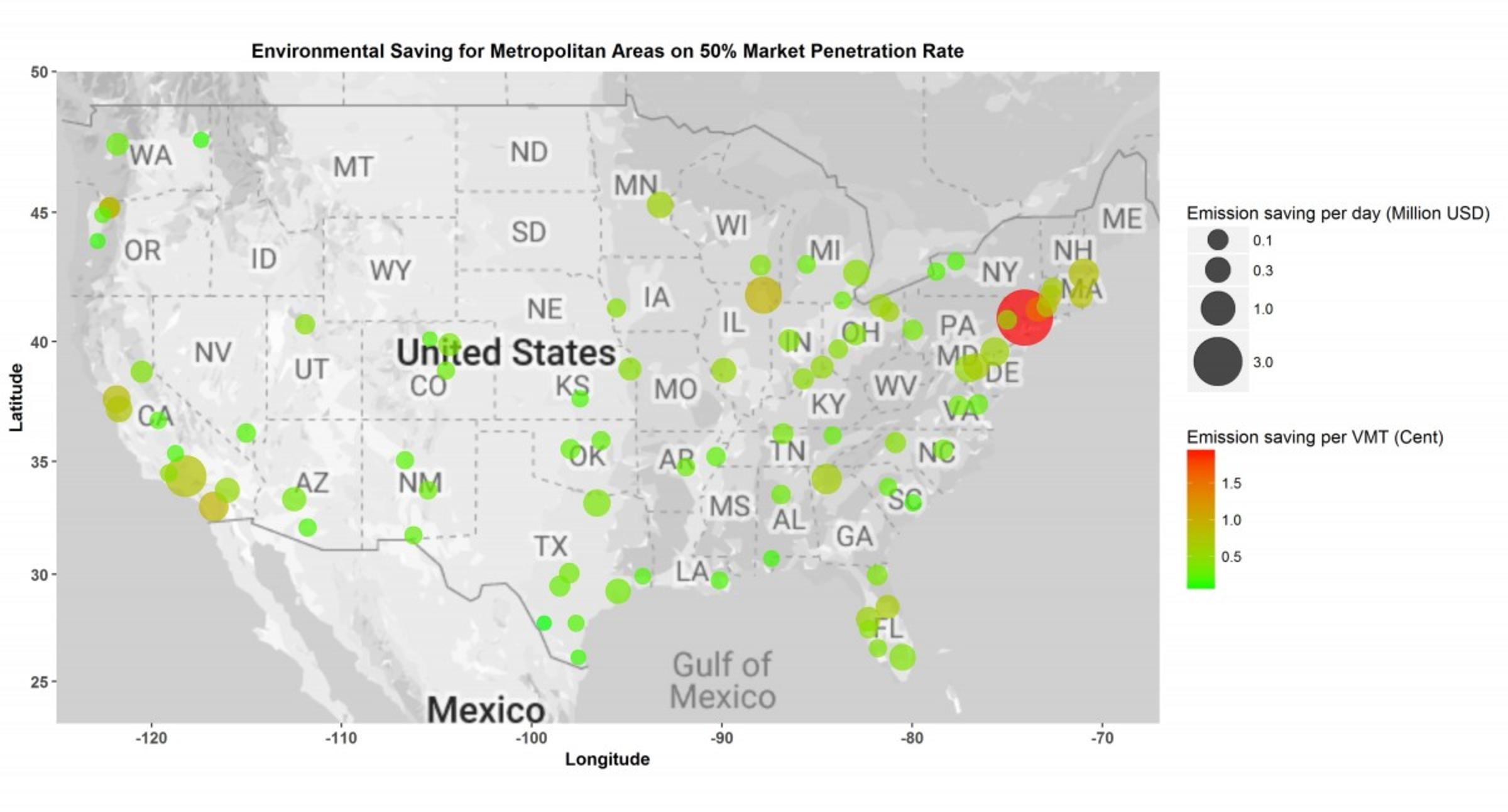 Graphic of United States, with data for individual city emissions