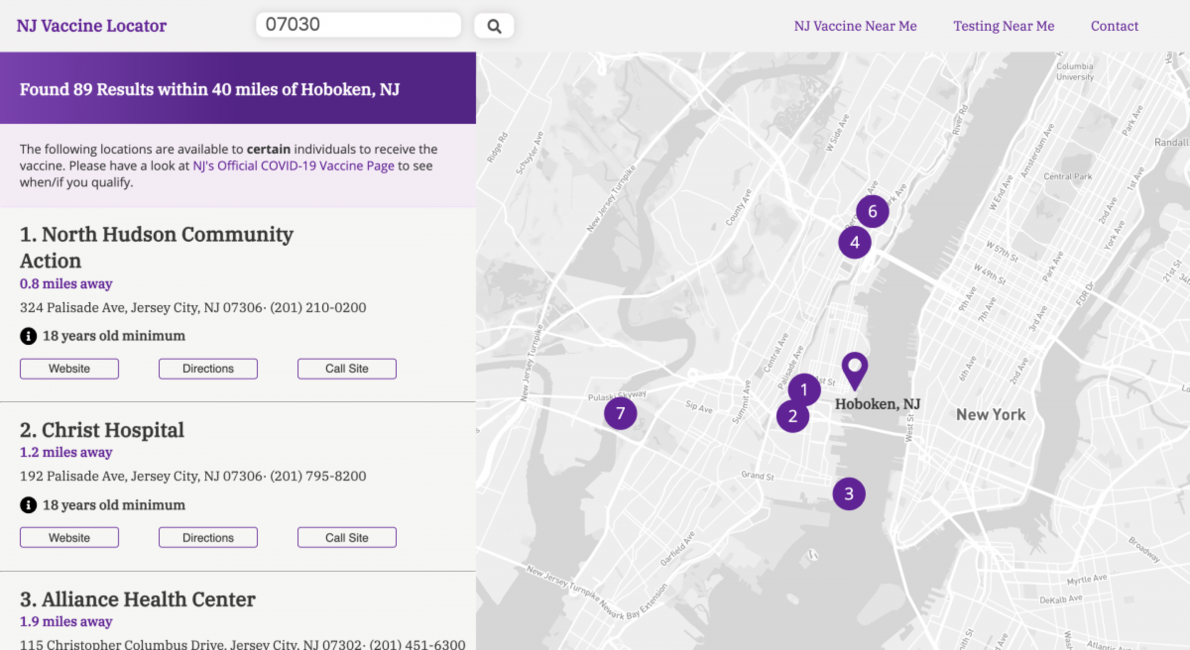NJ vaccine locator screenshot