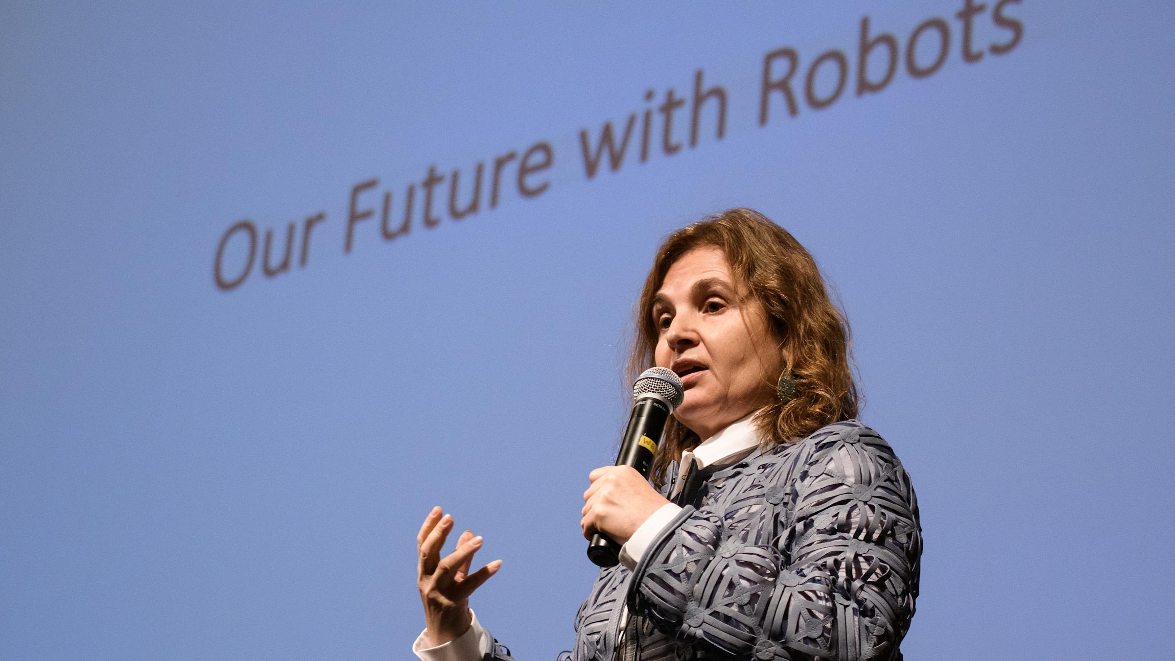 Daniela Rus on the stage at DeBaun Auditorium