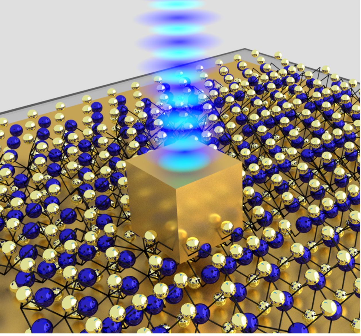 A single gold nanocube sits on top of an atom-thin material made of unique semiconductor crystals. The five nm gap is created between the bottom side of the gold nanocube and the gold mirror below it, concentrating enough energy to create a stream of phot