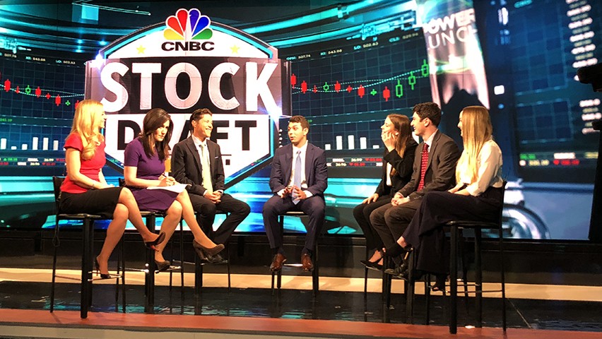 Stevens students on air live at CNBC's news studios in New Jersey.