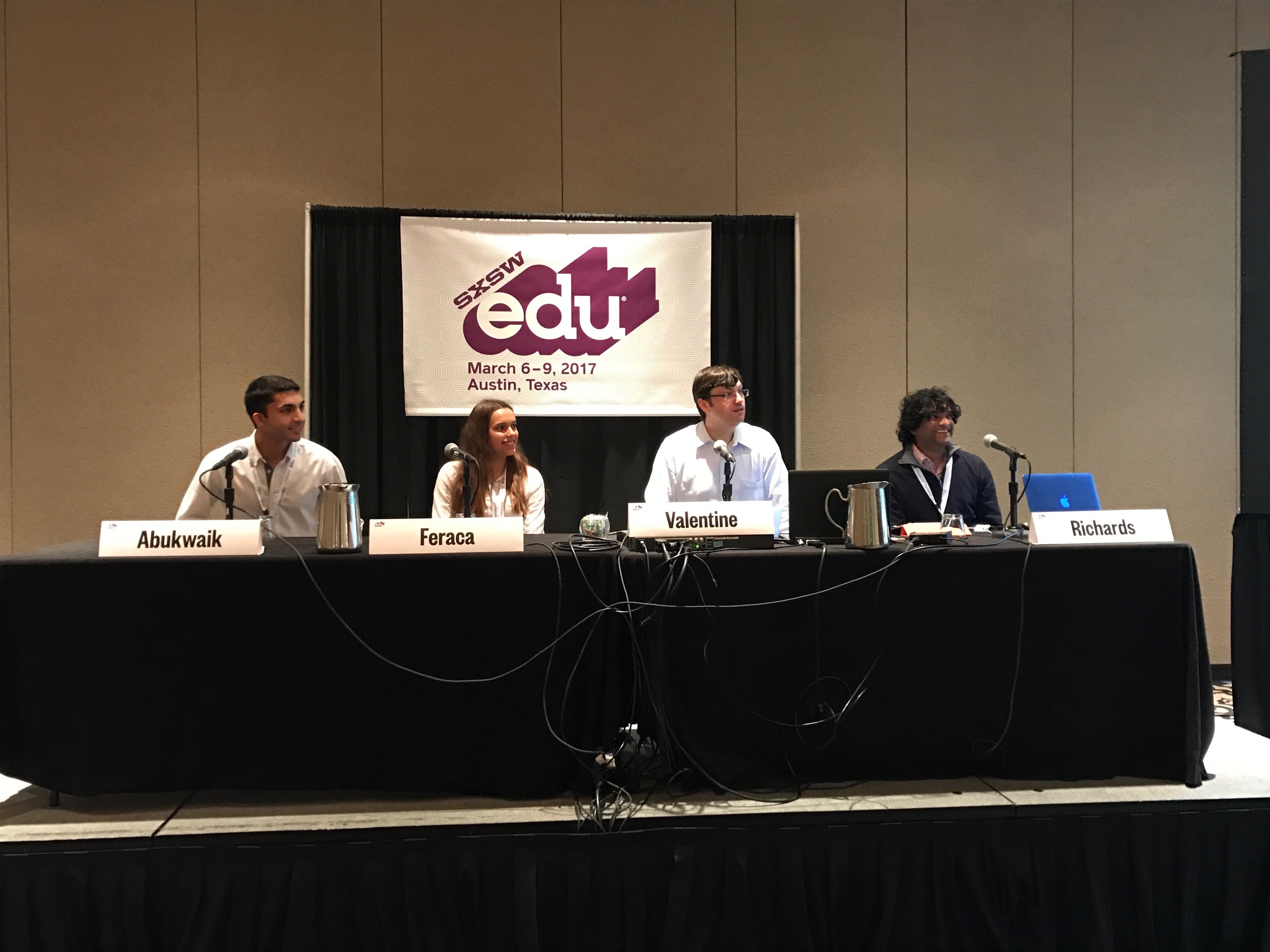 Panelists at SXSWedu: Abe Abukwaik, student at Stevens Institute of Technology and founder of BluTours; Sara Feraca, student at Duke University; Steve Valentine, Montclair Kimberley Academy; Reshan Richards, Teachers College, Columbia University