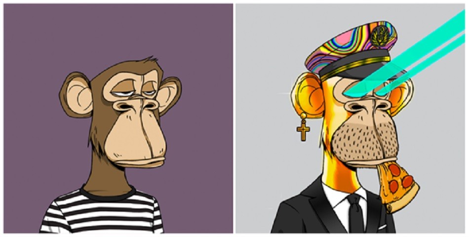 a monkey on the left wearing a black and white striped shirt, a monkey on the left shooting laser beams out of his eyes