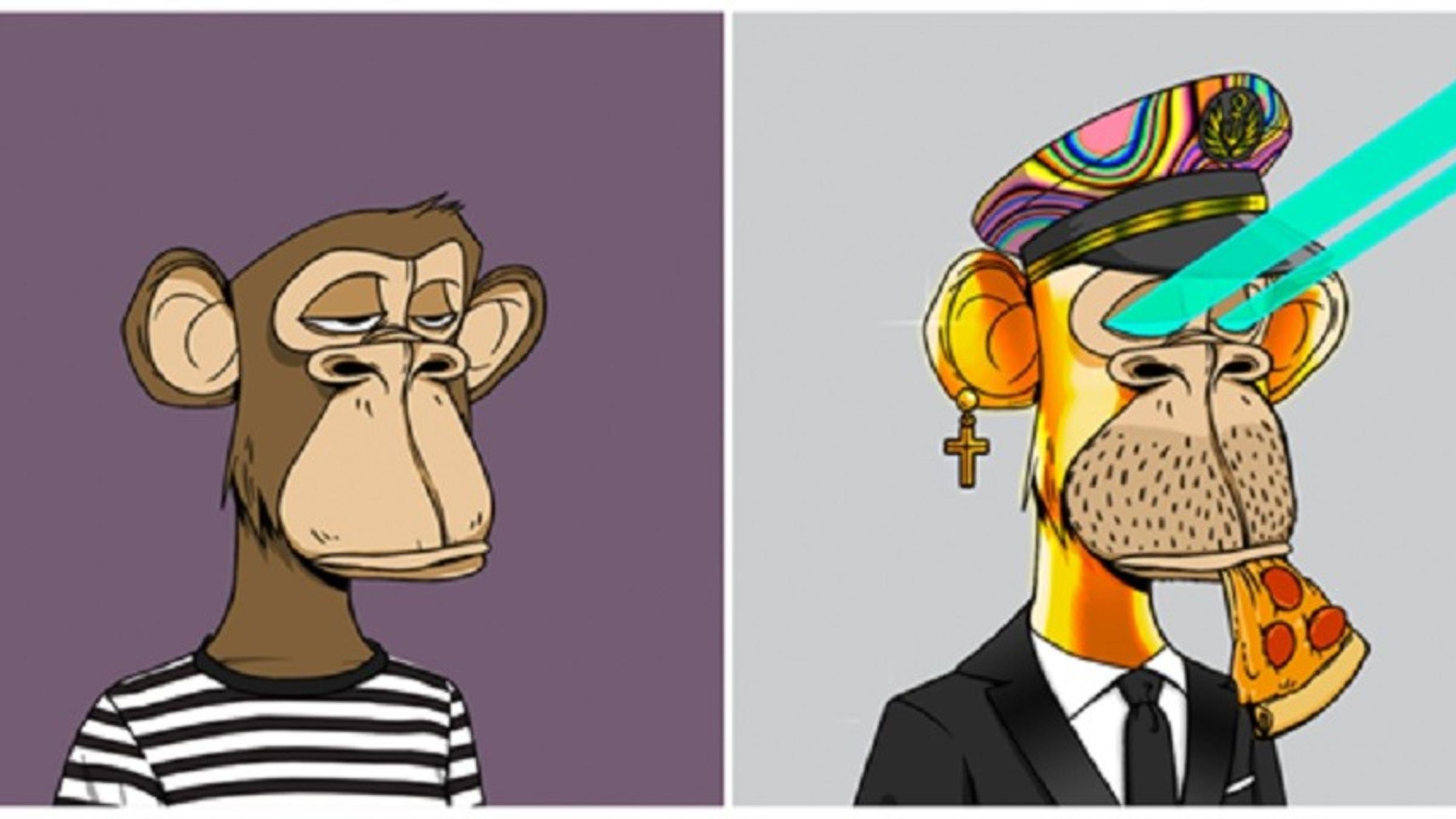 a monkey on the left wearing a black and white striped shirt, a monkey on the left shooting laser beams out of his eyes