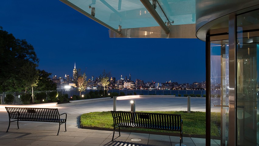 The New York City skyline as seen from the Babbio Center at Stevens Institute of Technology.