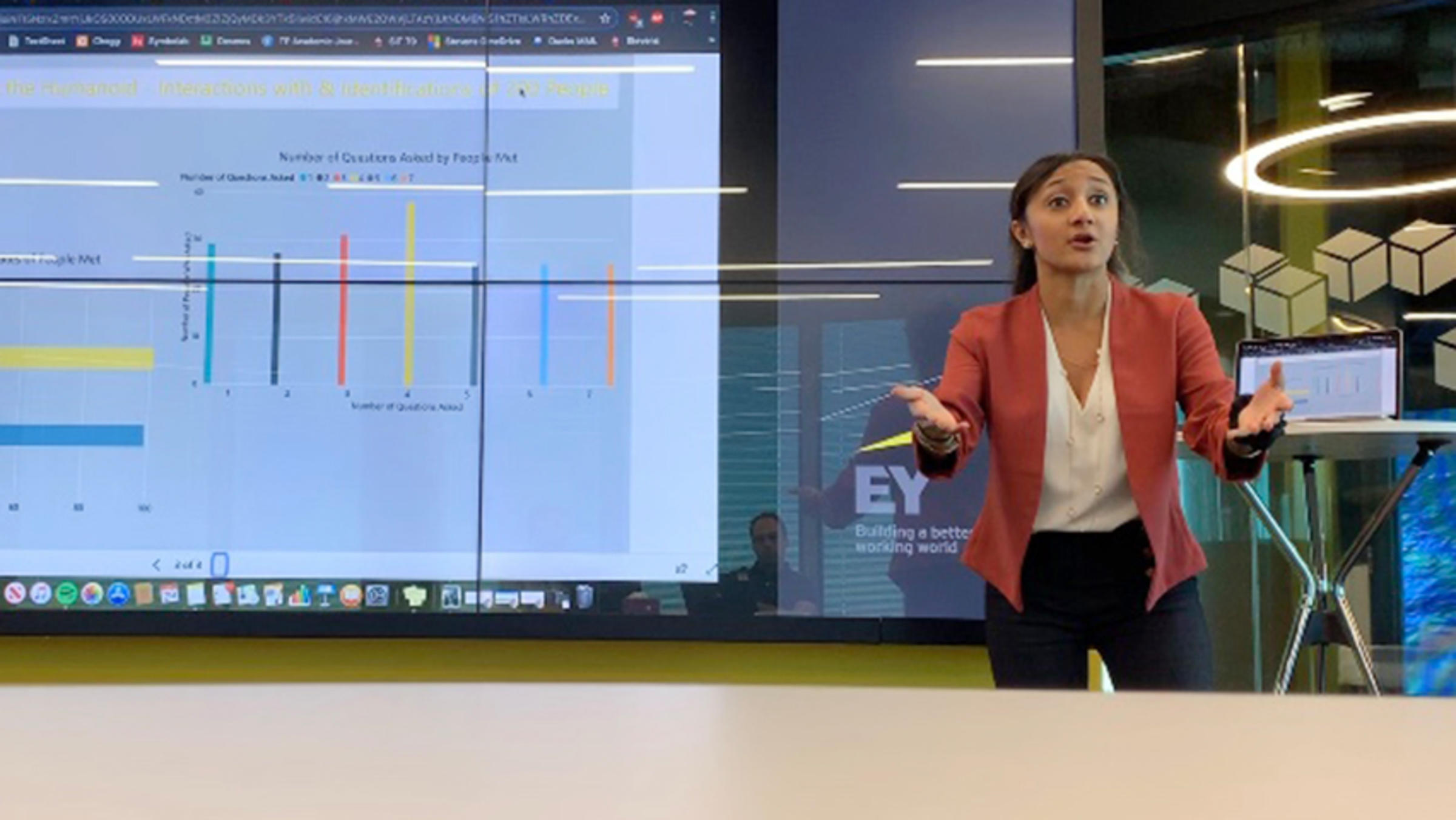 Photo of Serena Shah presenting her findings to EY managers.