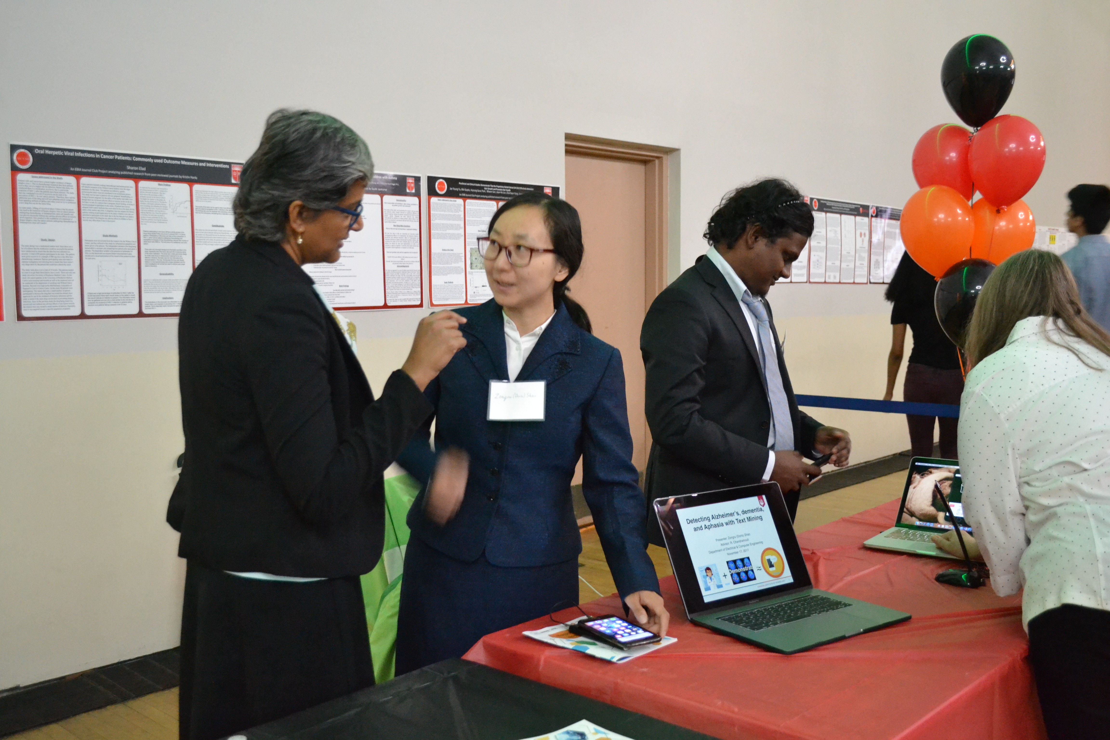Stevens professor Koduvayur Subbalakshmi speaks with students Zongru (Doris) Shao and Harish Sista at the 2018 LifeSciences Summit. CREDIT: Shreya Parekh