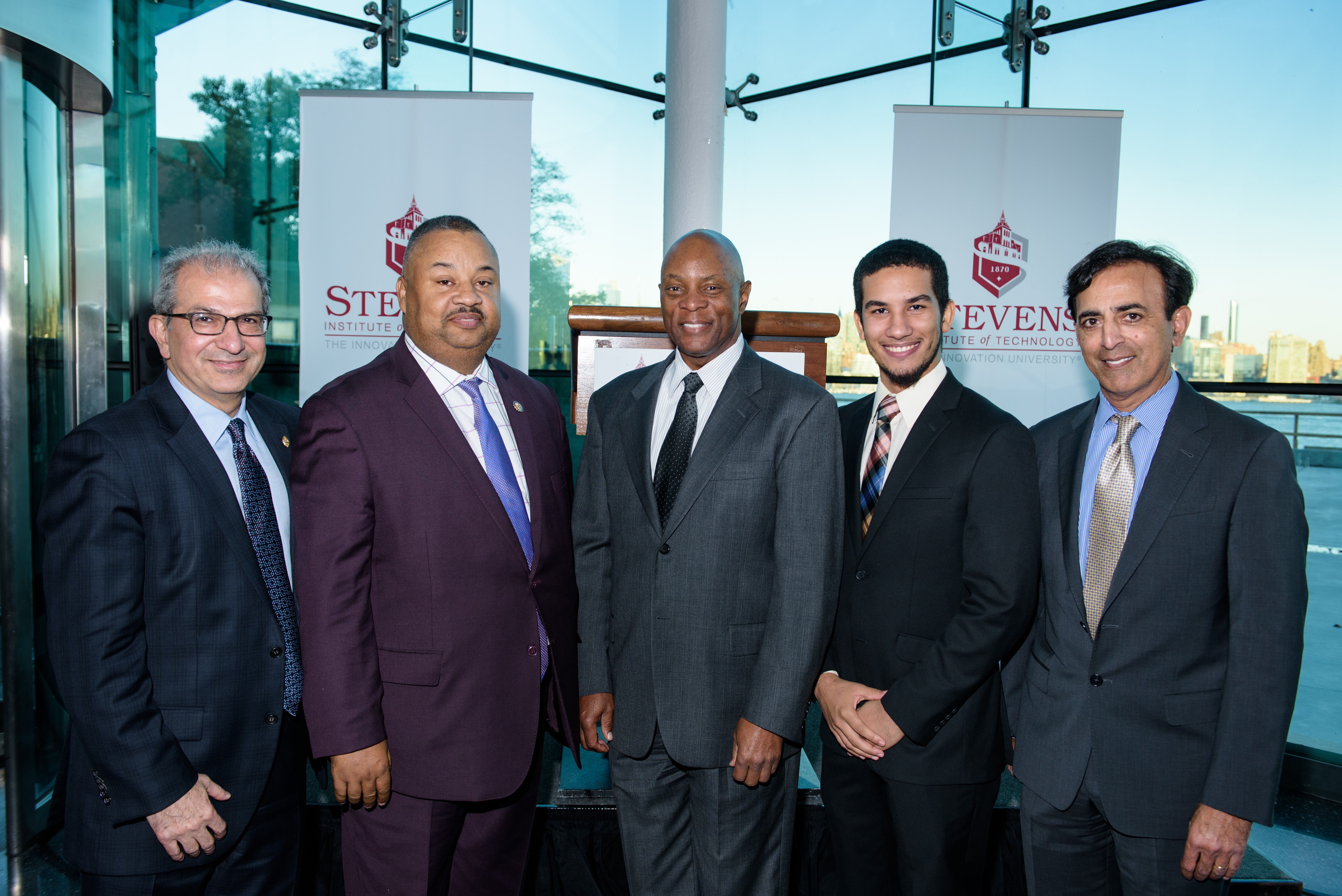 From Left: President Nariman Farvardin; Congressman Donald M. Payne, Jr. D-NJ 10; Nate Davis, Executive Chairman of K12; Shahid Malik, President of PSEG Energy Resources and Trade; Armando Rosa, Stevens Class of 2018