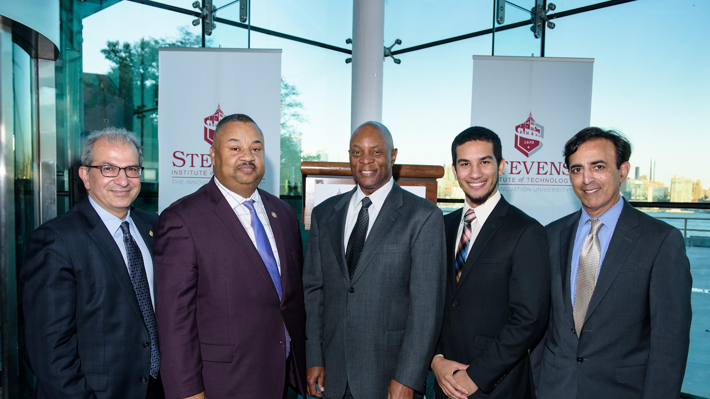 From Left: President Nariman Farvardin; Congressman Donald M. Payne, Jr. D-NJ 10; Nate Davis, Executive Chairman of K12; Shahid Malik, President of PSEG Energy Resources and Trade; Armando Rosa, Stevens Class of 2018