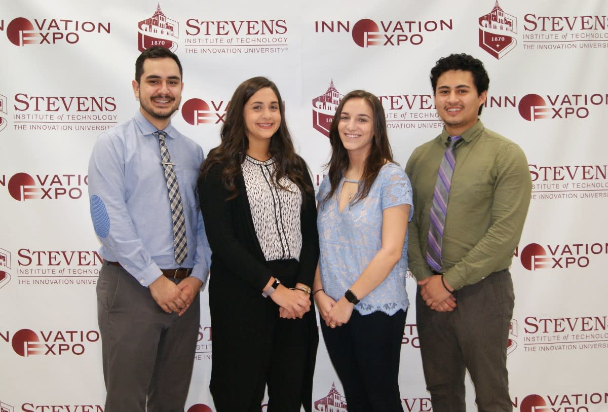 The P.E.T.E. senior design team, from left to right: Paul Chuquimarca, Nicole Maetta, Emma Sennett-Kuzin and Luis Flores. CREDIT: Khamini Persaud. 