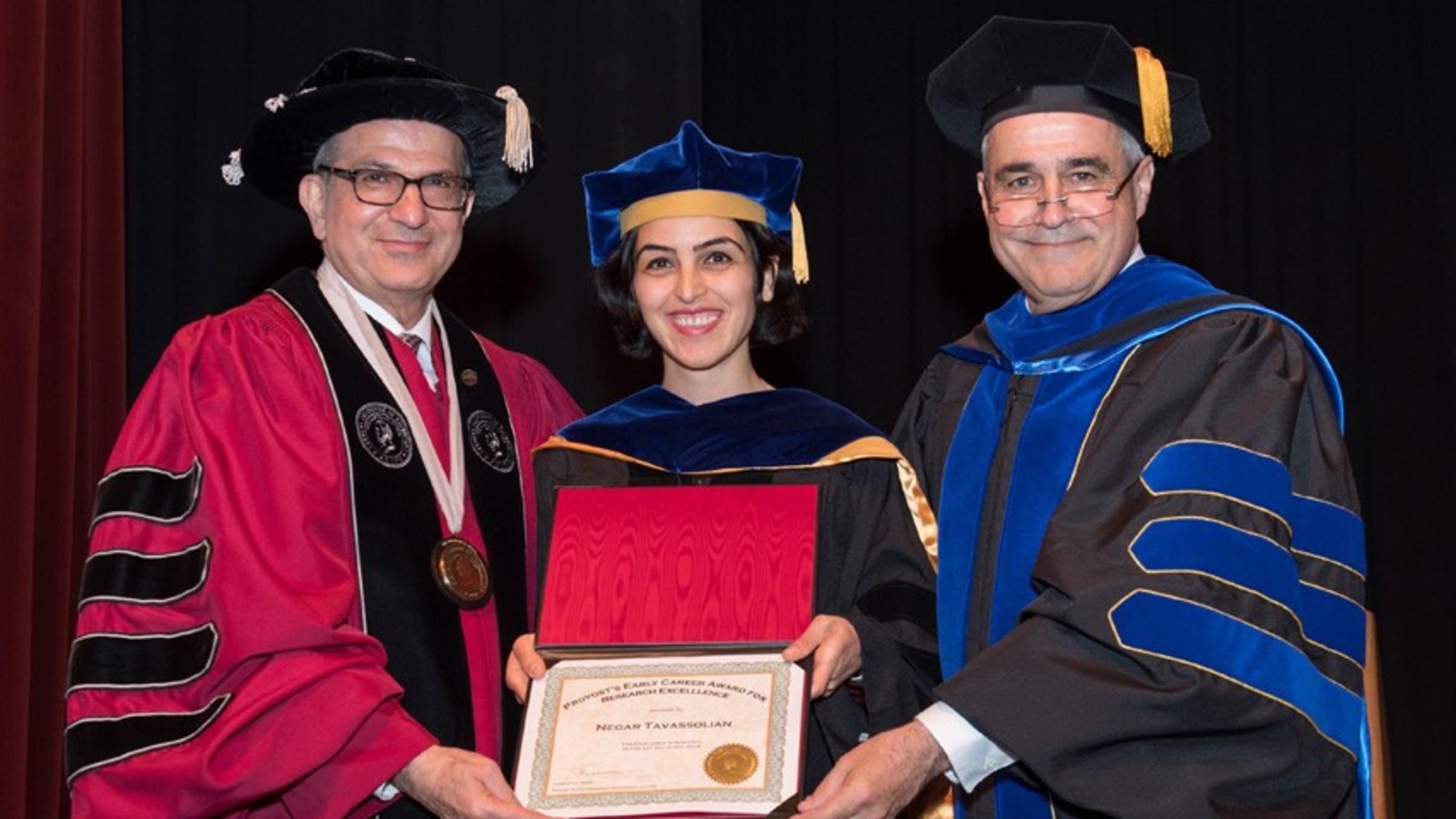 President Nariman Farvardin, Prof. Negar Tavassolian and Provost Christophe Pierre at 2018 Faculty Awards Ceremony.