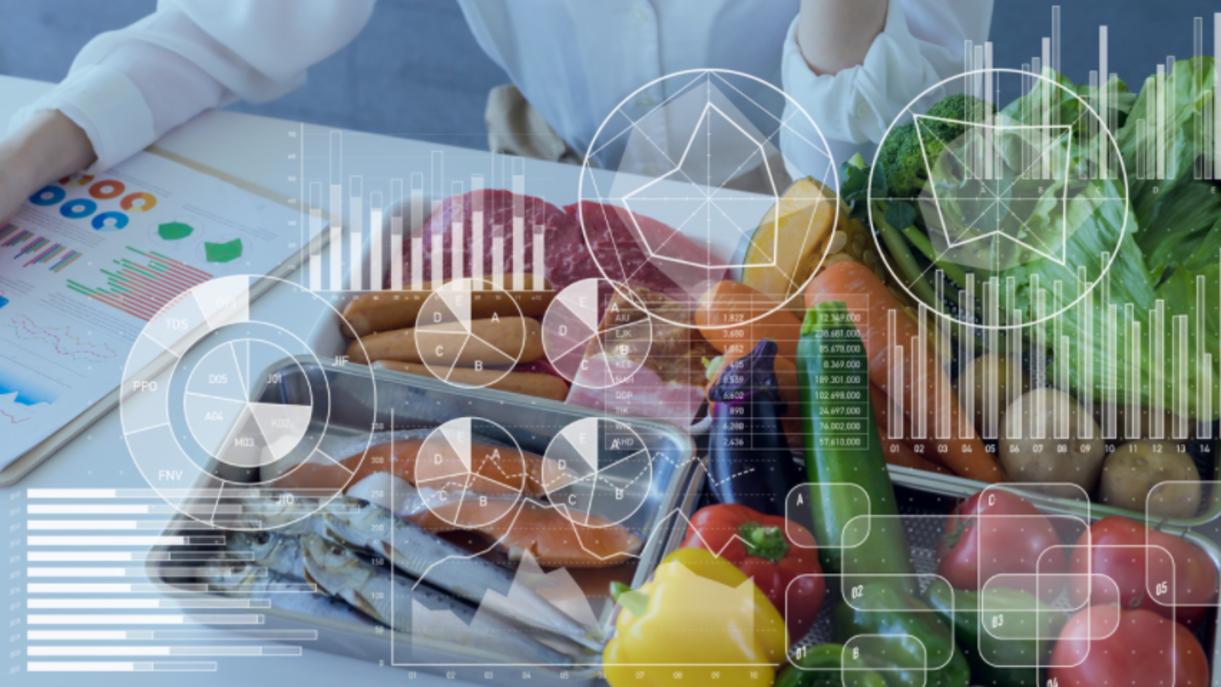 An abstract graphic featuring food and analytics