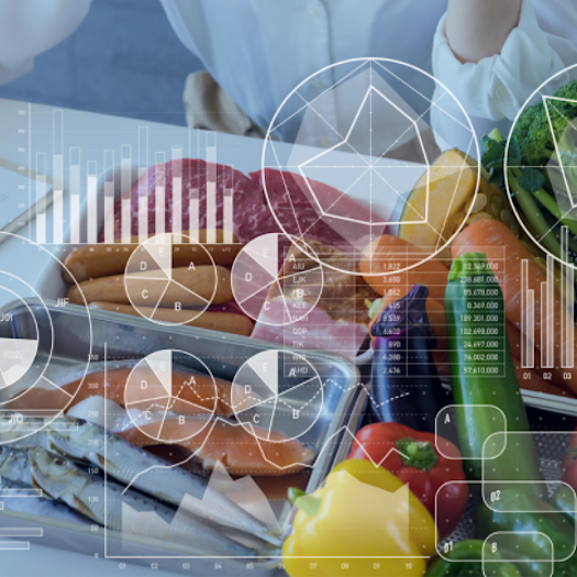 An abstract graphic featuring food and analytics