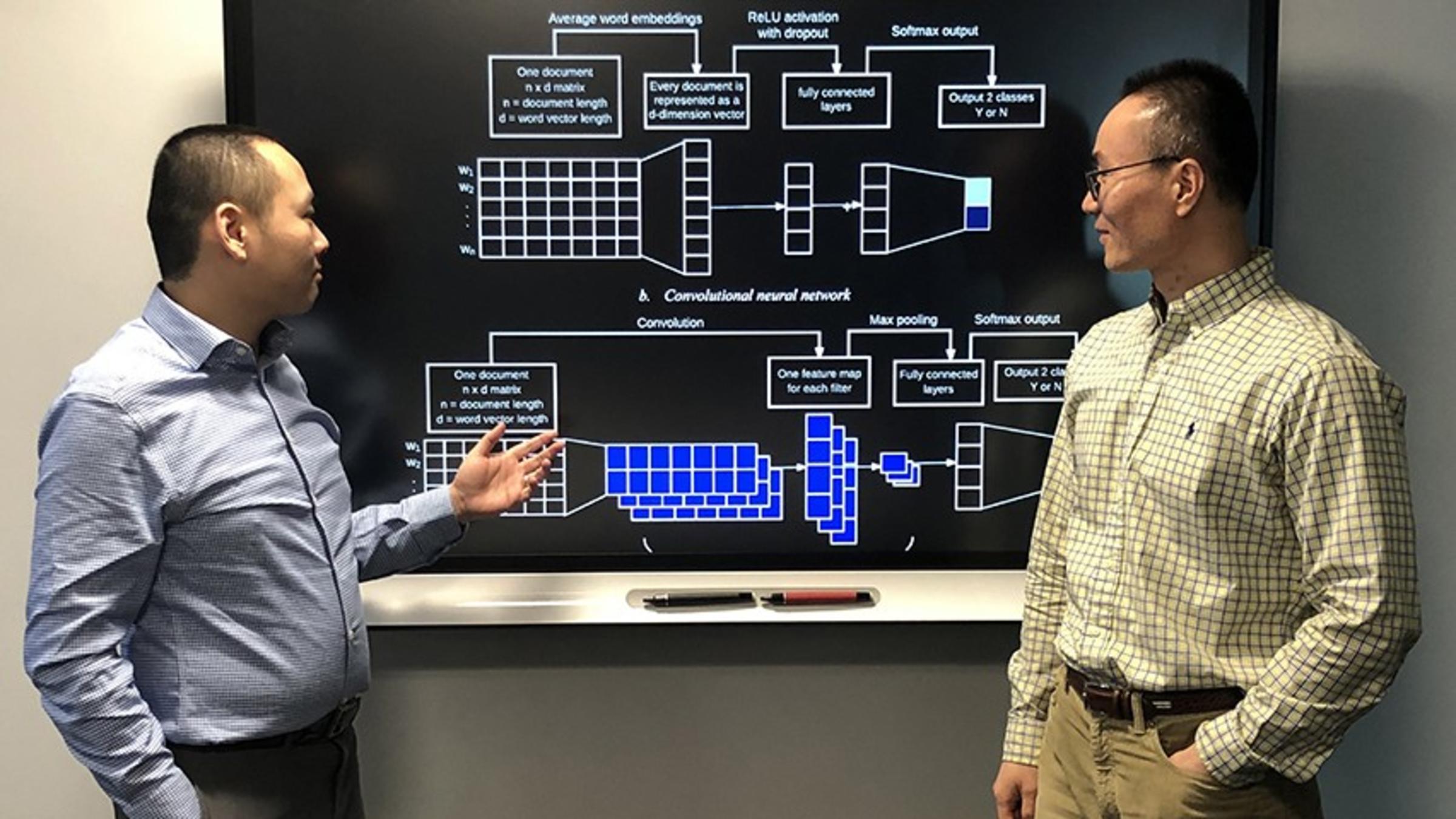 Dr. Feng Mai and Dr. Chihoon Lee explaining the embedding model they used to analyze text.