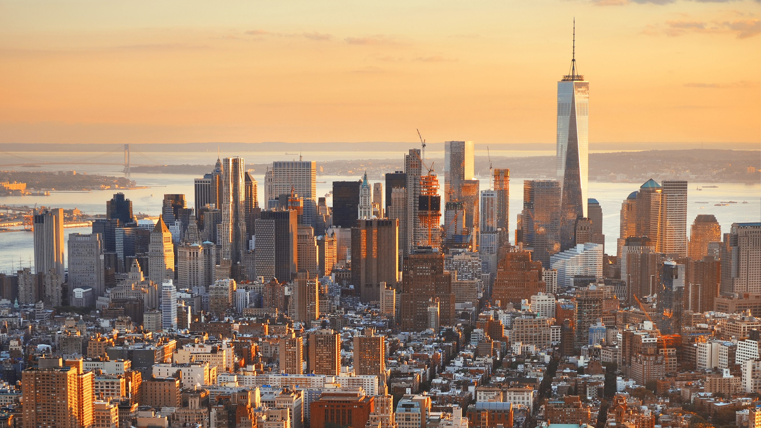 New York City buildings as seen from the north as the sun begins to set