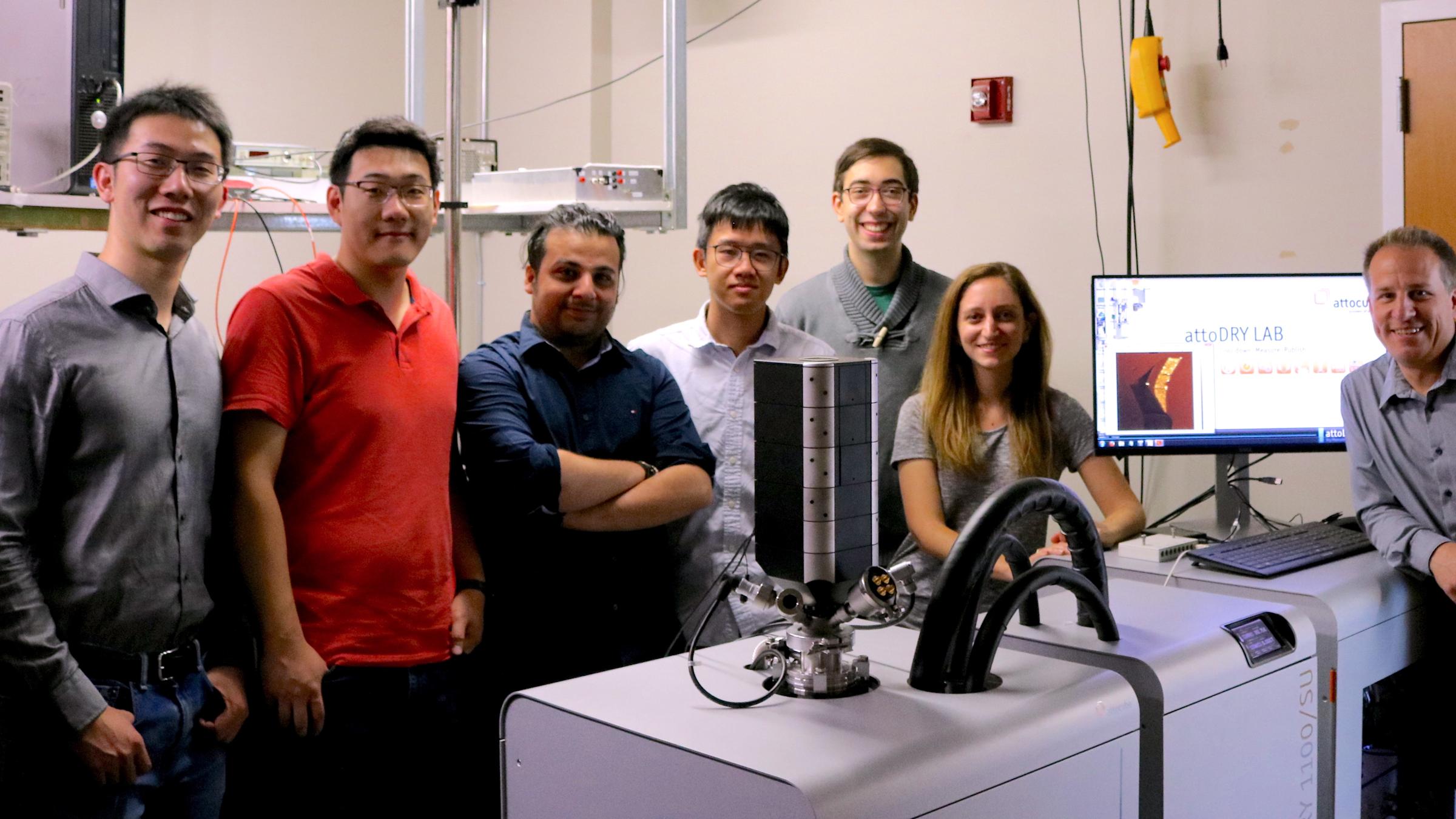 Professor Stefan Strauf and his students in the Nanophotonics Lab with the attoDRY1100