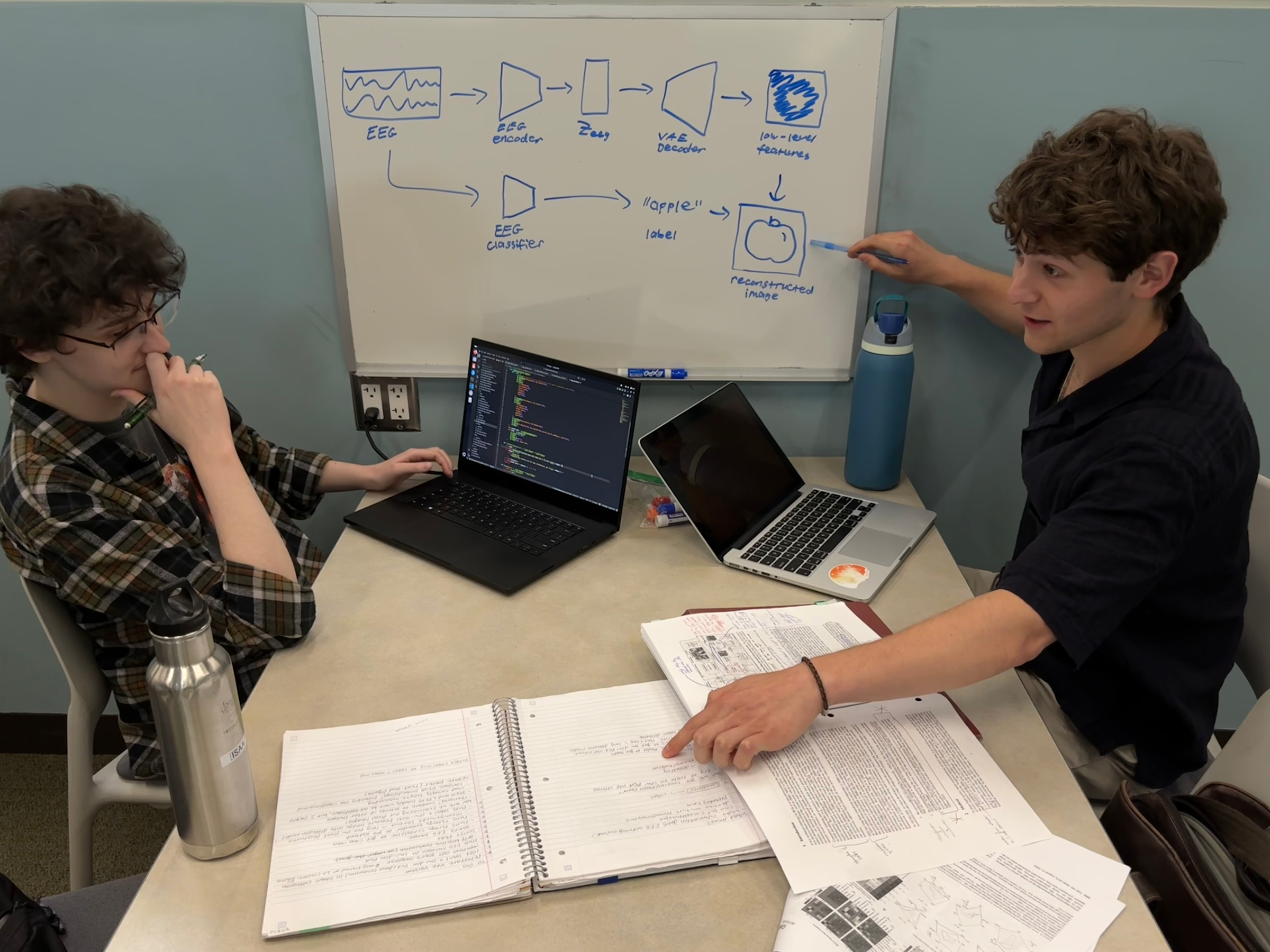 Van Benthuysen and Caputo pointing and looking at a whiteboard where they are writing how their EEG project works.