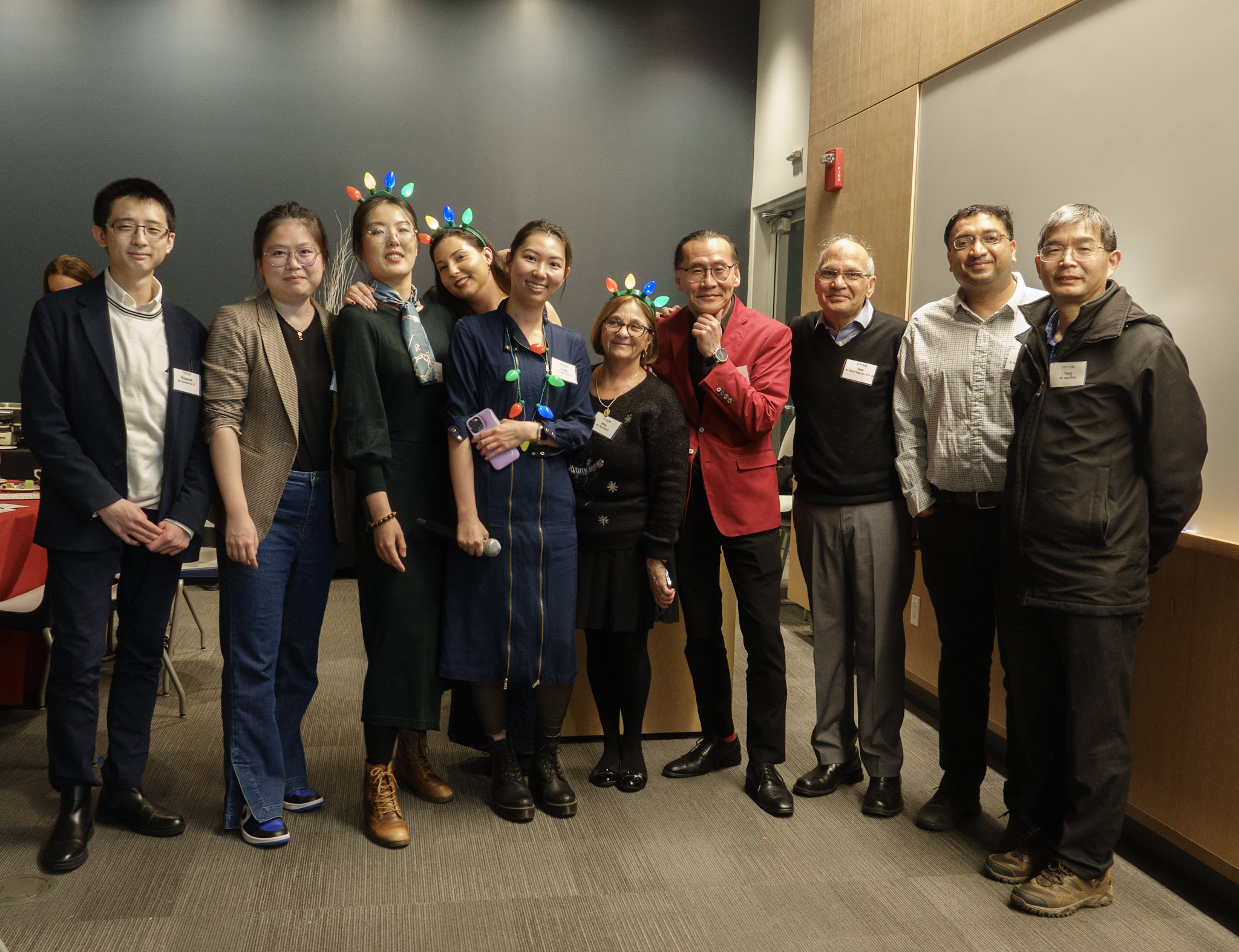 Awardees Shuang Chen M.S. ’17 Ph.D. ’23, Tonja Pavlovic Ph.D. ’22 and Jia-Min Chu Ph.D. ’23 pose with 2022 awards dinner attendees