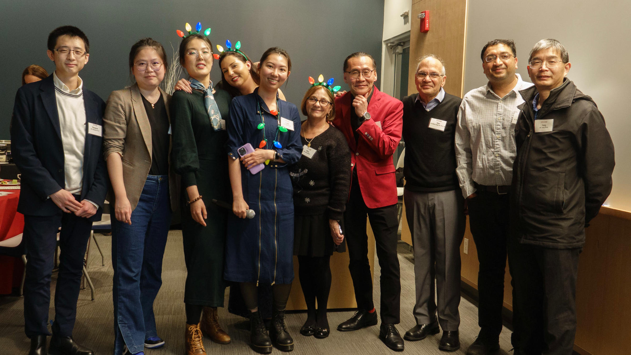Awardees Shuang Chen M.S. ’17 Ph.D. ’23, Tonja Pavlovic Ph.D. ’22 and Jia-Min Chu Ph.D. ’23 pose with 2022 awards dinner attendees