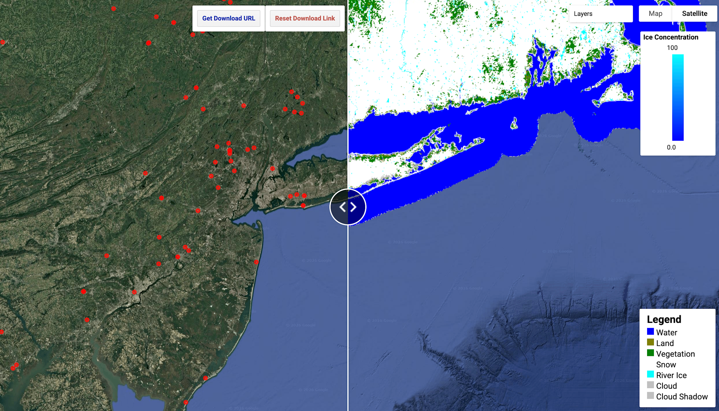 Stevens River Ice Mapping System showing the east coast of the United States with two views.