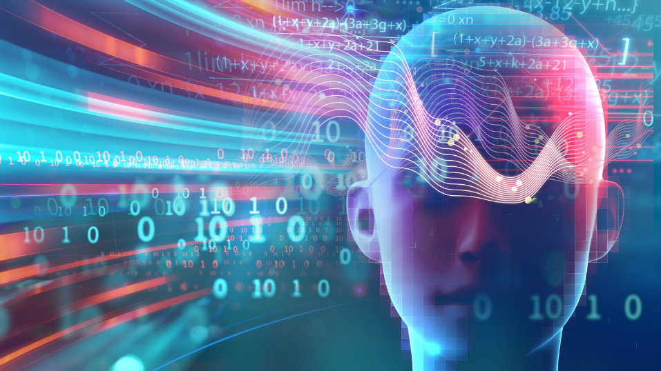Abstract representation of artificial intelligence with a human head silhouette overlaid with binary code, mathematical equations and glowing data streams.