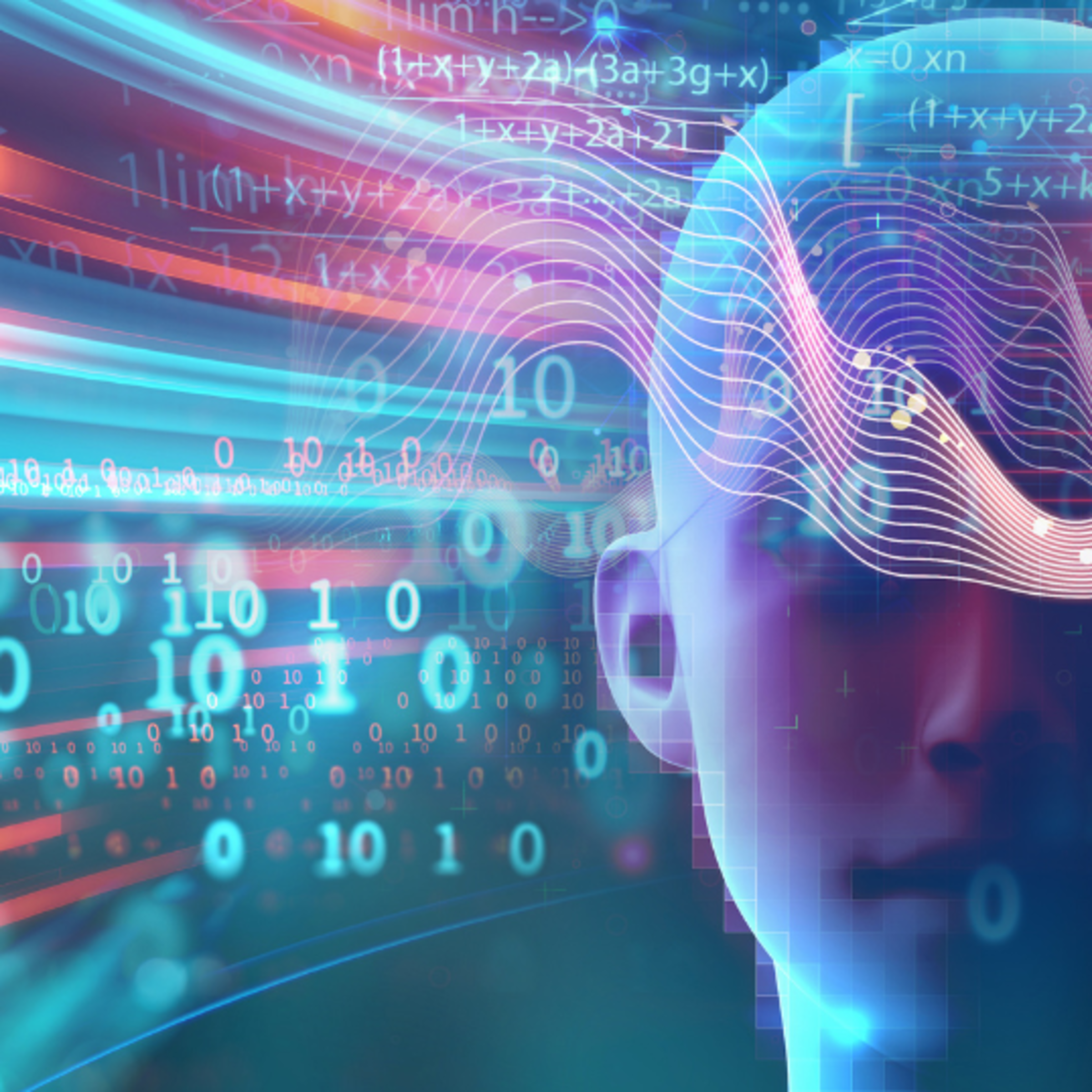 Abstract representation of artificial intelligence with a human head silhouette overlaid with binary code, mathematical equations and glowing data streams.