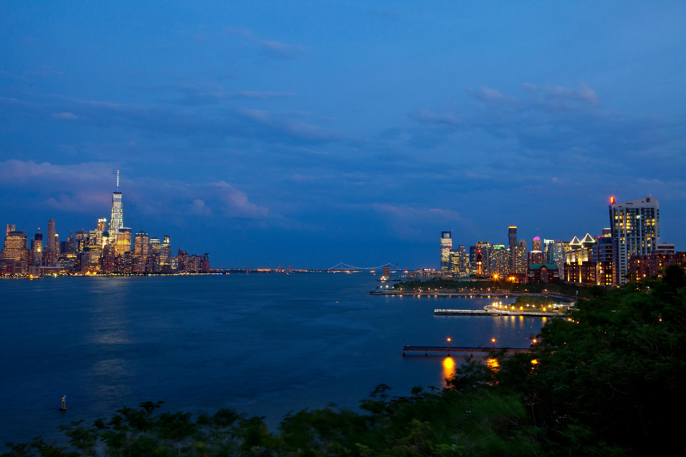 A view of lower Manhattan and the Freedom Tower across the Hudson River from Stevens Institute of Technology Hoboken campus.