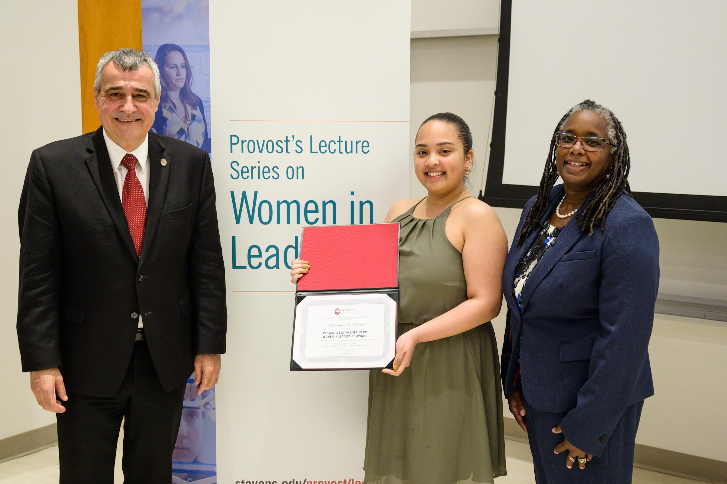 Award recipient Christina Puntiel with Dr. Pratt-Clarke and Provost Christophe Pierre