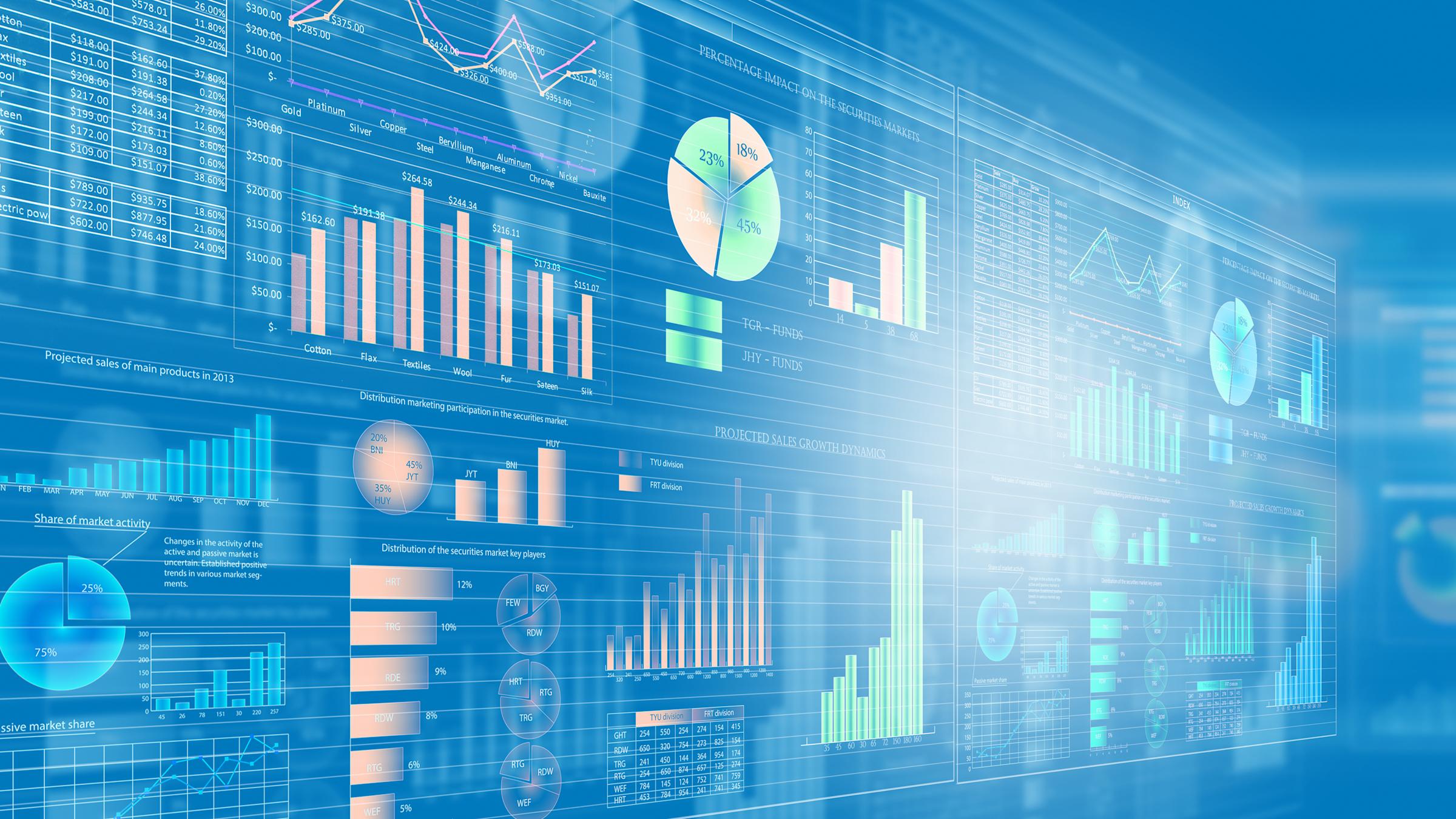 Information dashboard displaying many charts and graphs