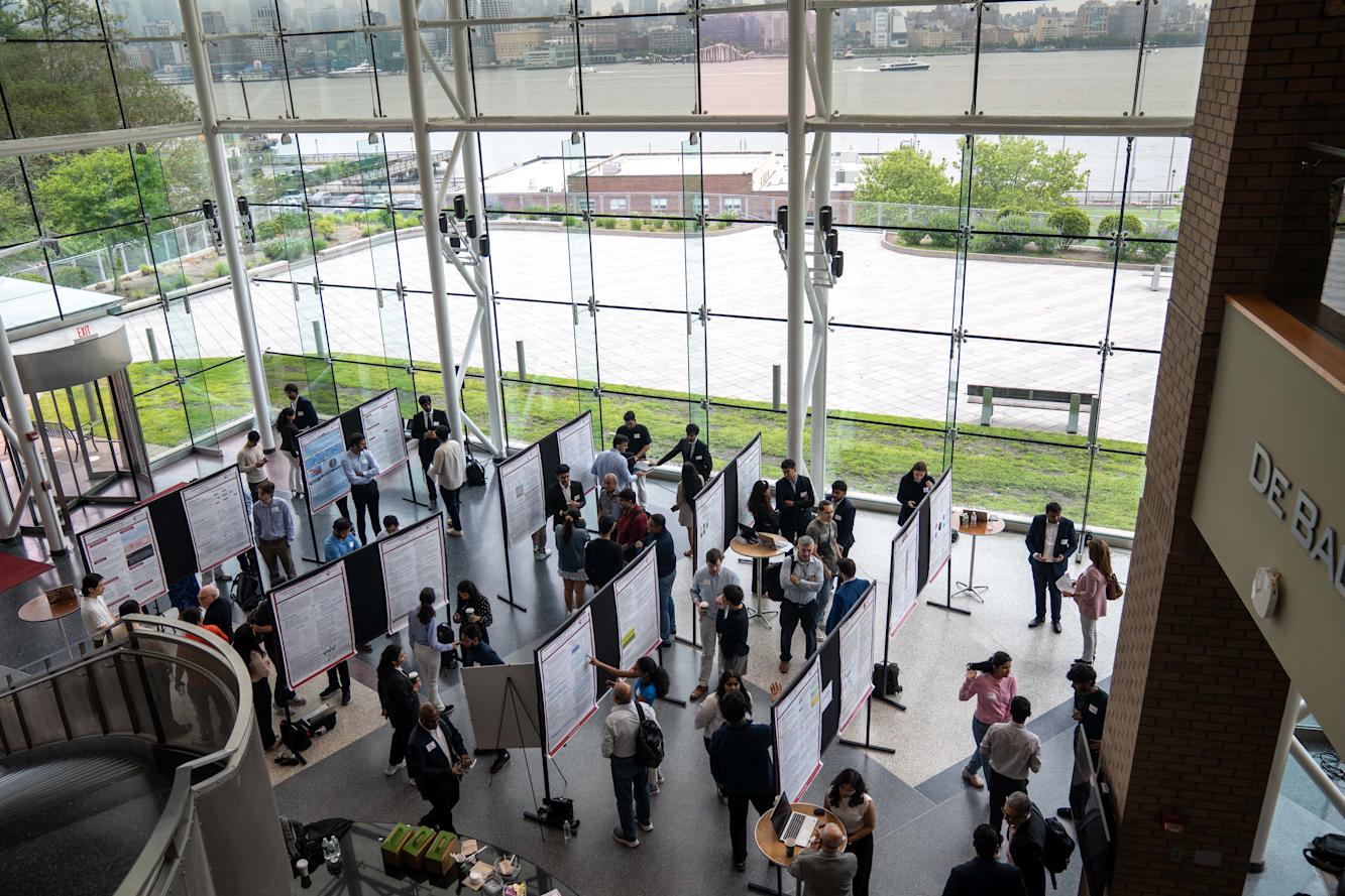 Babbio Center Atrium is filled with research projects, students and guests