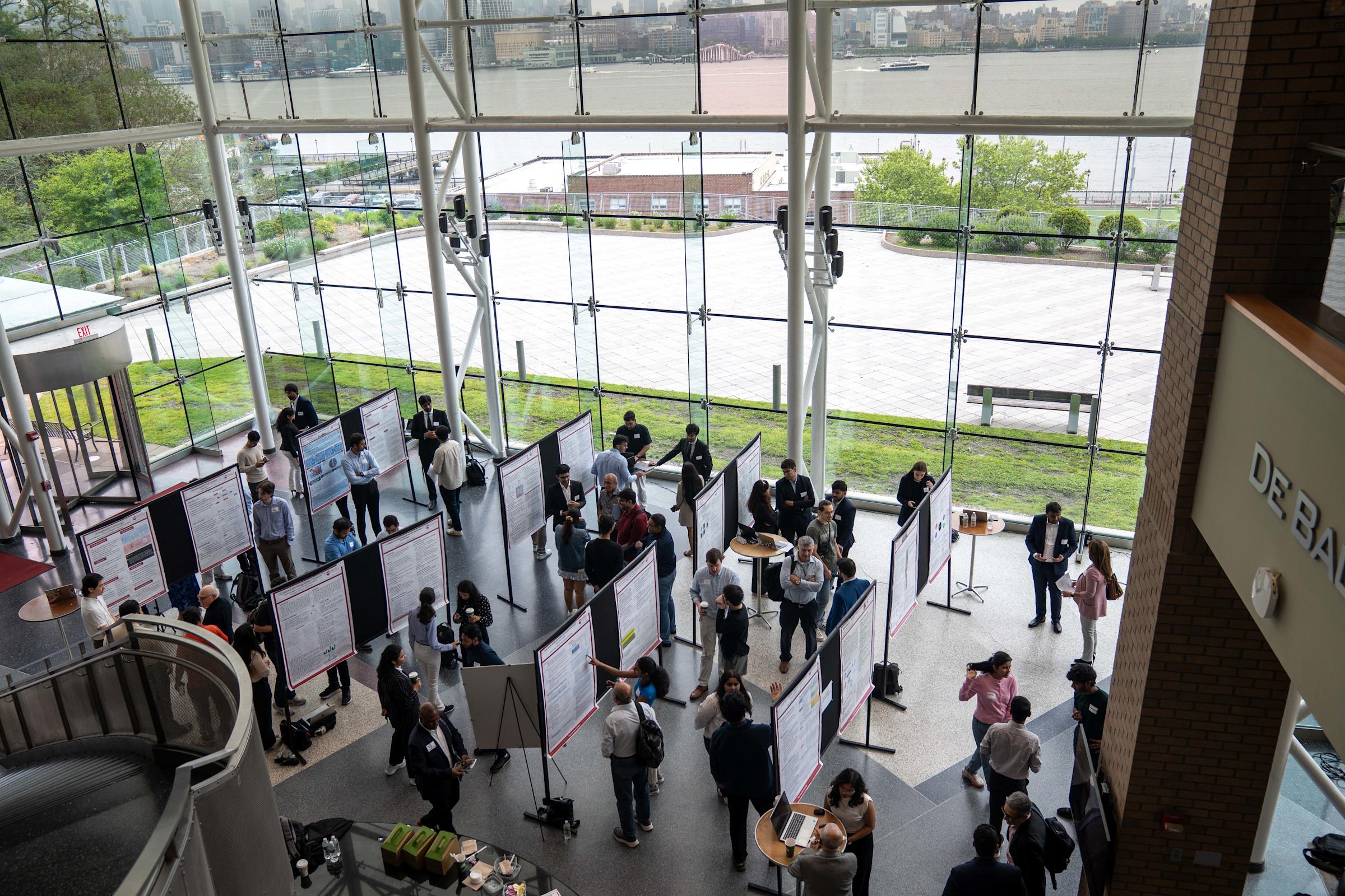 Babbio Center Atrium is filled with research projects, students and guests