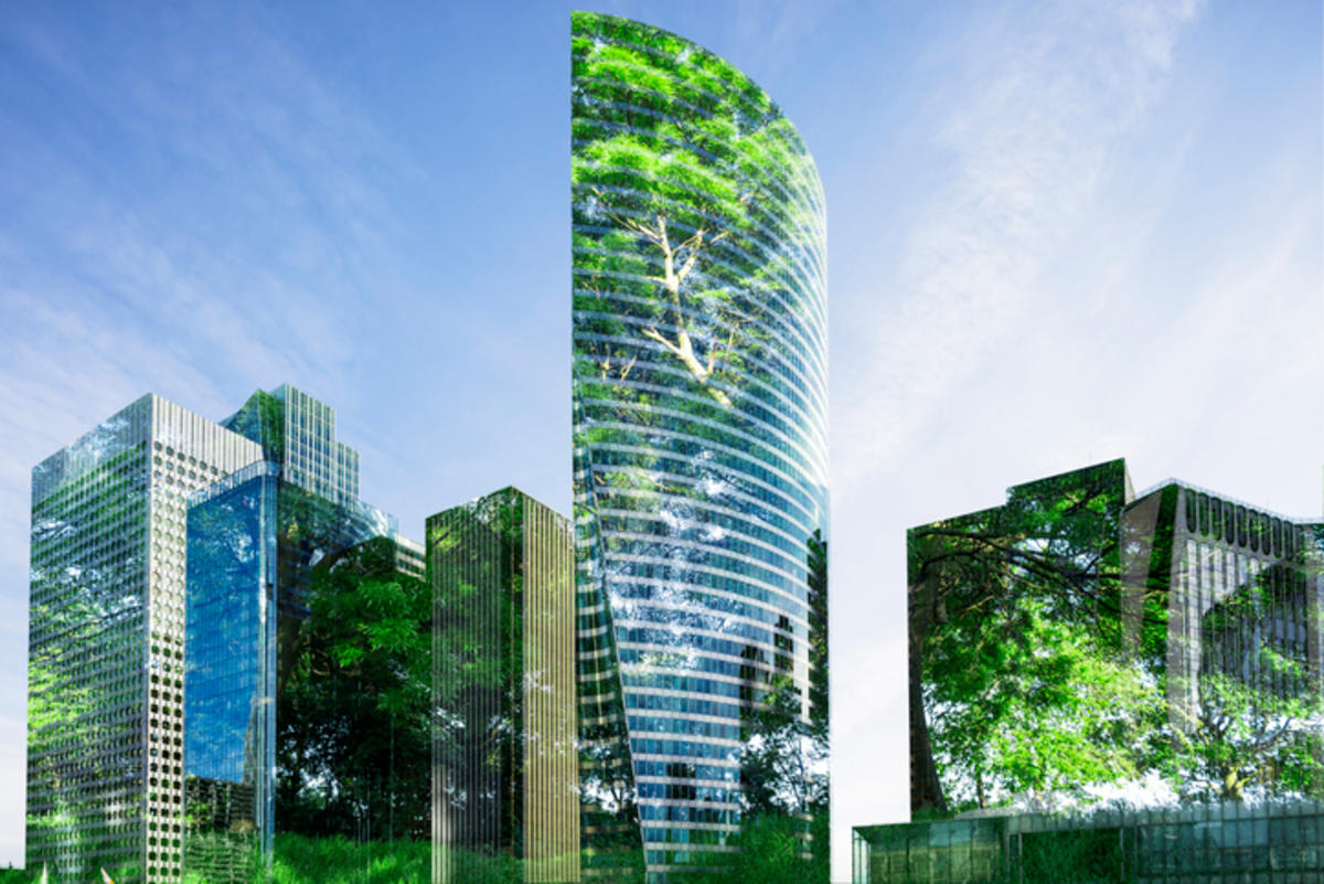 green futuristic skyscrapers